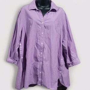 J Jill Button Up Top Plus Size 2X Purple/White Pinstripe Side Buttons 3/4 Slv